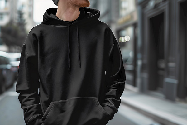 man wearing black hooded sweatshirt out in the city