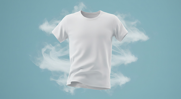 white tee shirt floating in a miniature cloud with a blue background