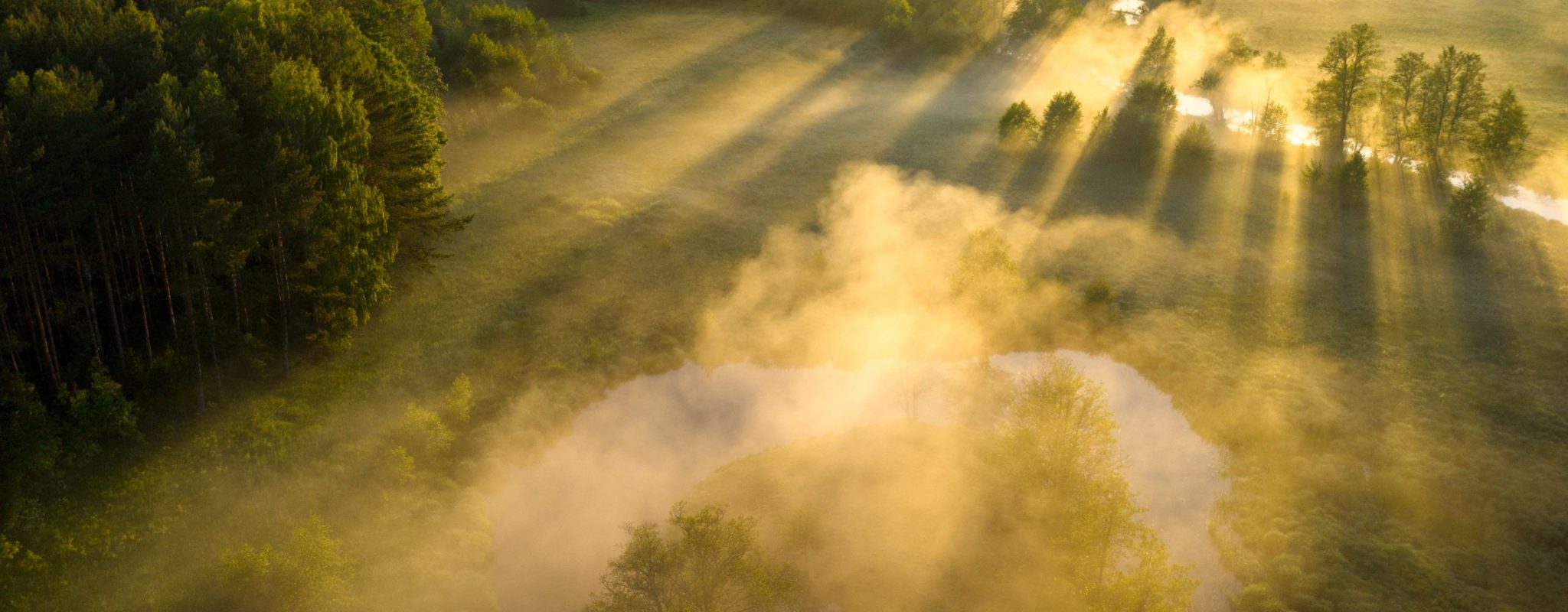 Scenic summer background. Sunbeams on river nature aerial view. Scenic summer background. Sunbeams on river nature aerial view. Scenery sunny landscape. Amazing bright sunlight over river. Sun rays on green misty meadow in morning sunrise