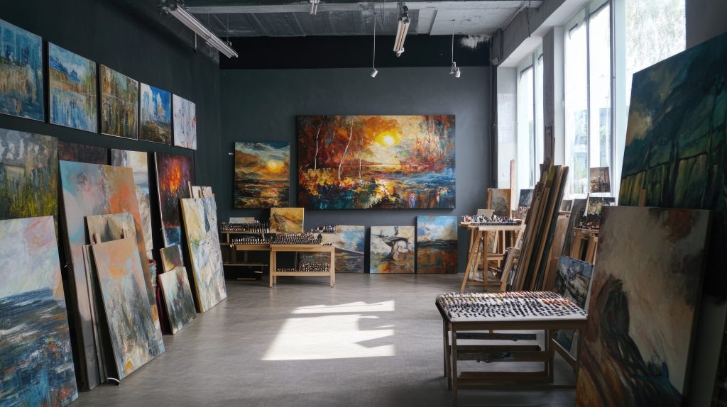 A cozy art gallery room with many paintings on the walls and a comfortable bench in the center.