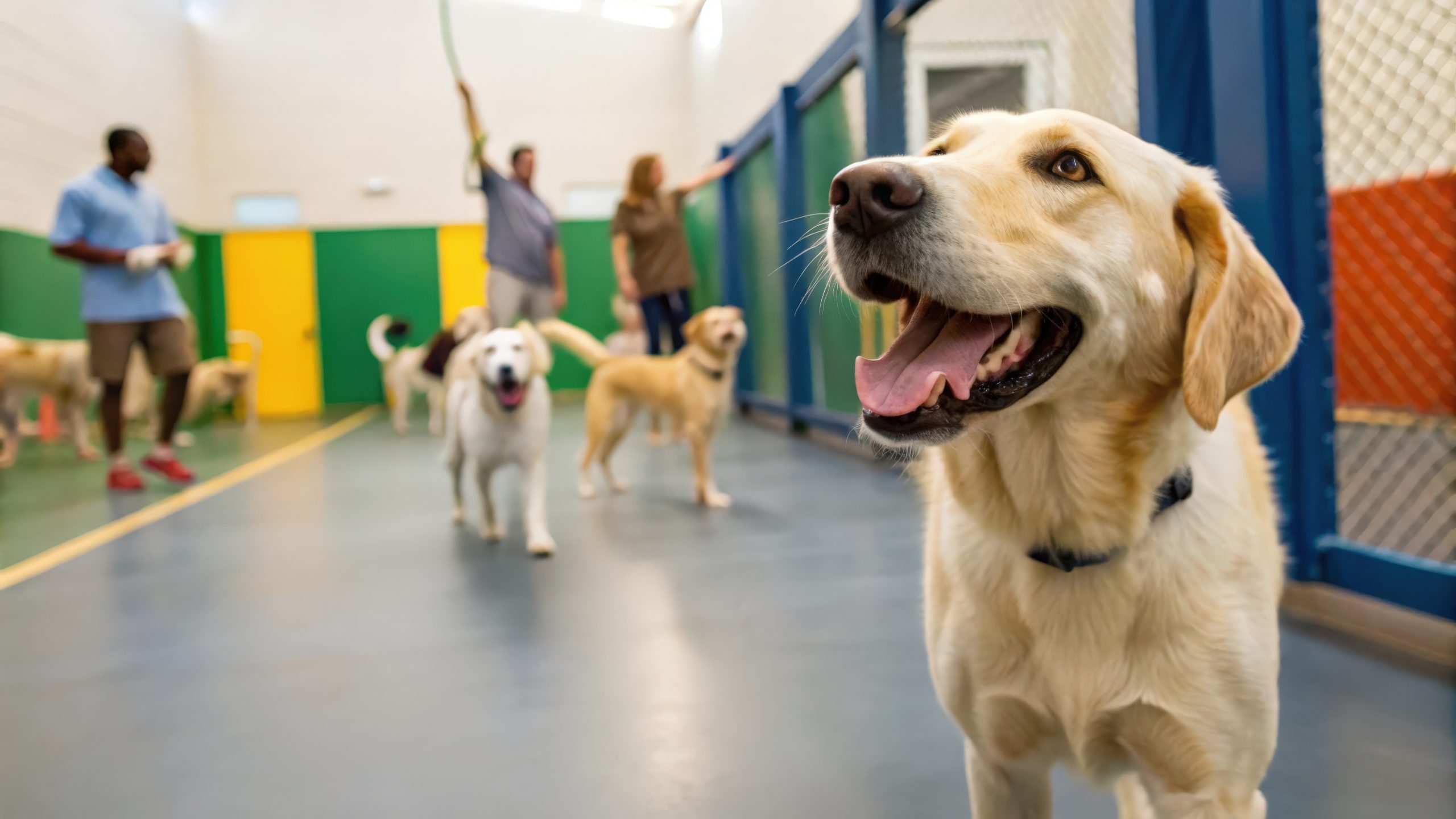 happy dog in a dog daycare, other dogs and people in background