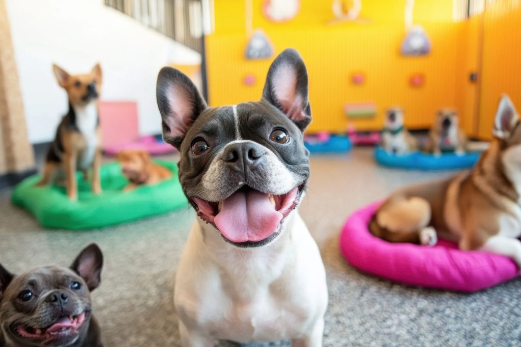 french bulldog in a dog hotel. a pet daycare center