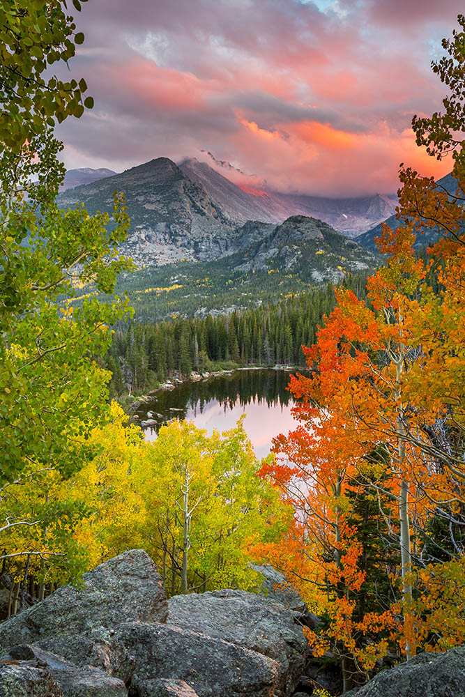Fall colors and sunset over Longs Peak and bear lake in rocky mountains